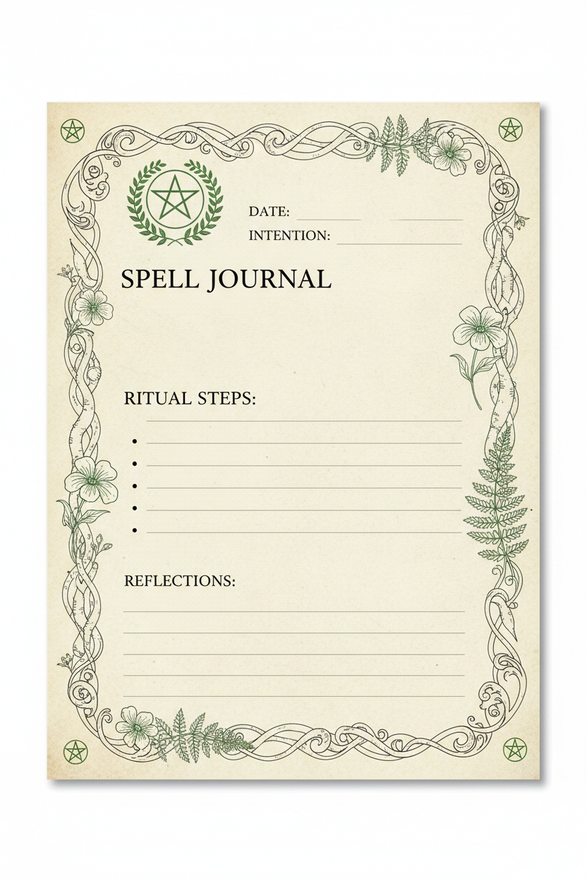 Spell Journal Page printable witchcraft grimoire sheet green botanical