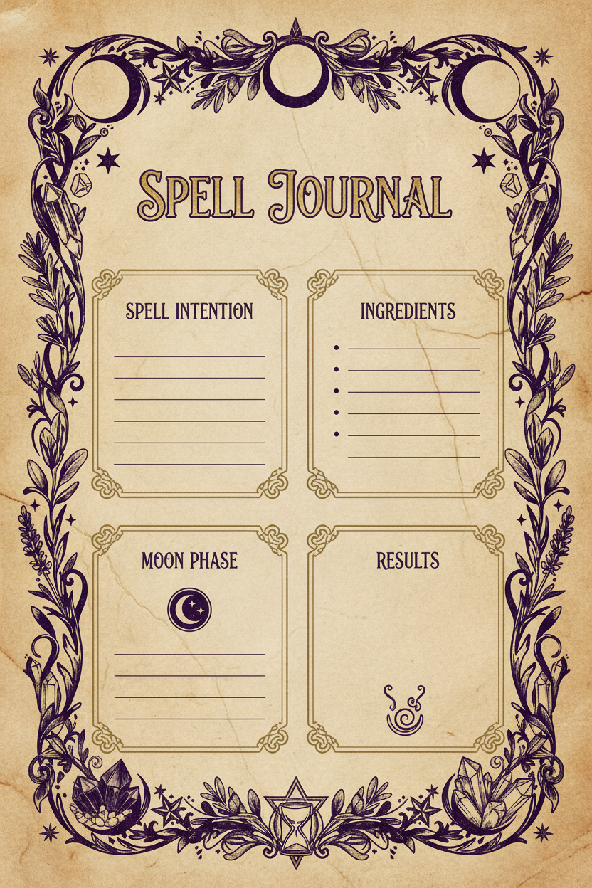 Spell Journal Page printable witchcraft grimoire sheet purple gold